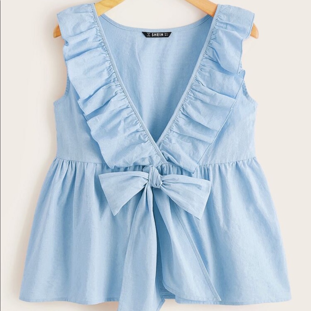 SHEIN Plunging Neck Ruffle Trim Bow Tie Front Top - Picture 1 of 5